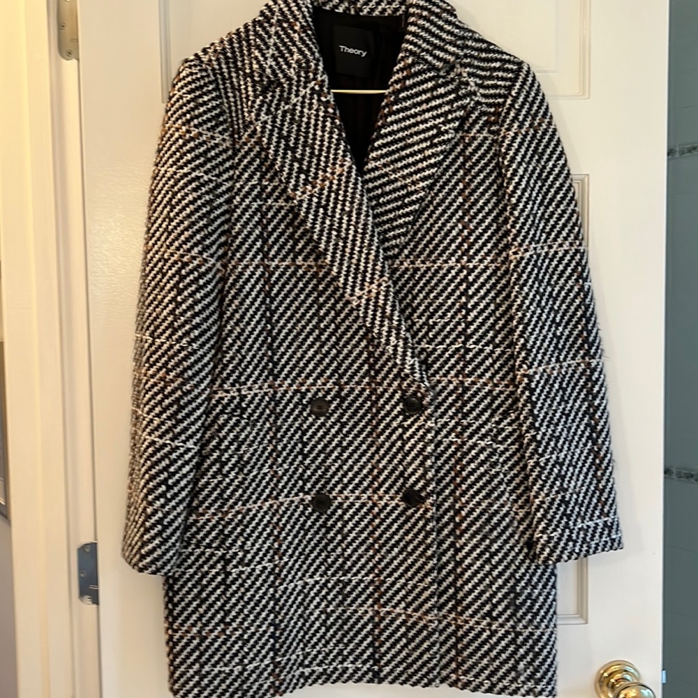 Theory Plaid Double Breasted Coat Size M